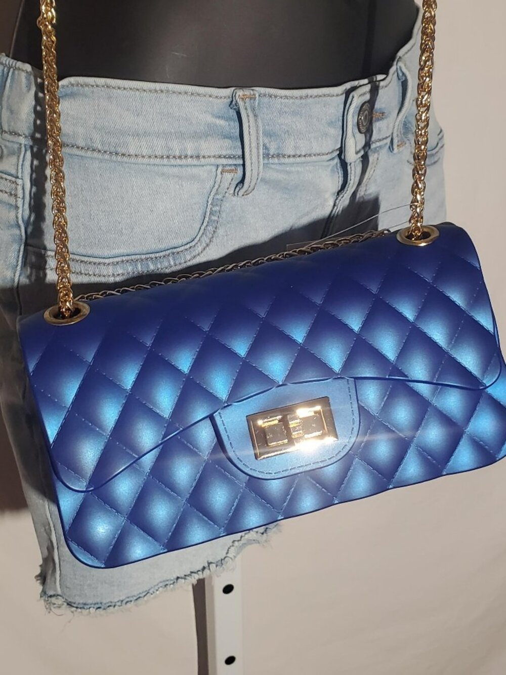 Quilted Jelly Chain Shoulder Bag in Metallic Blue with Gold Hardware NWT